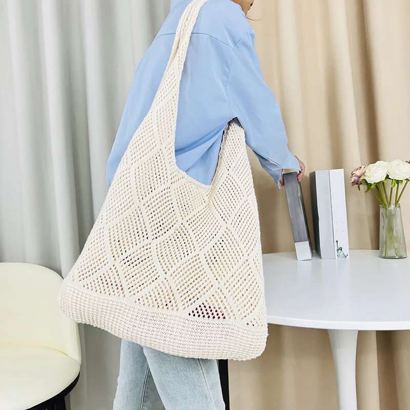New Trend Women's Crochet Handbag Retro Knitted Solid Color Hollow Top-Handle Tote Travel Shopper Shoulder Bag