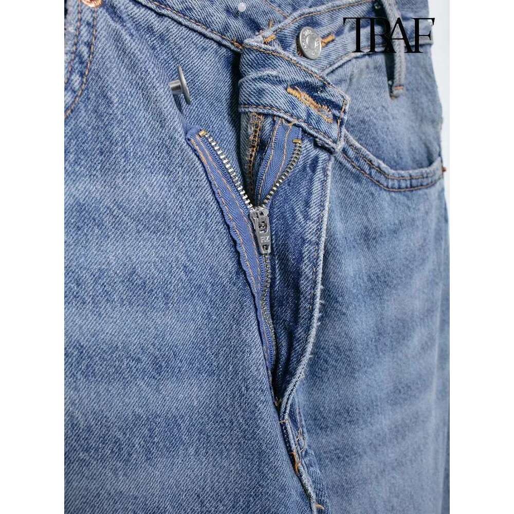 TRAF Women's Asymmetric Design High-Waisted Wide-Legged Jeans New Basic Models Versatile Fashion Straight Trousers