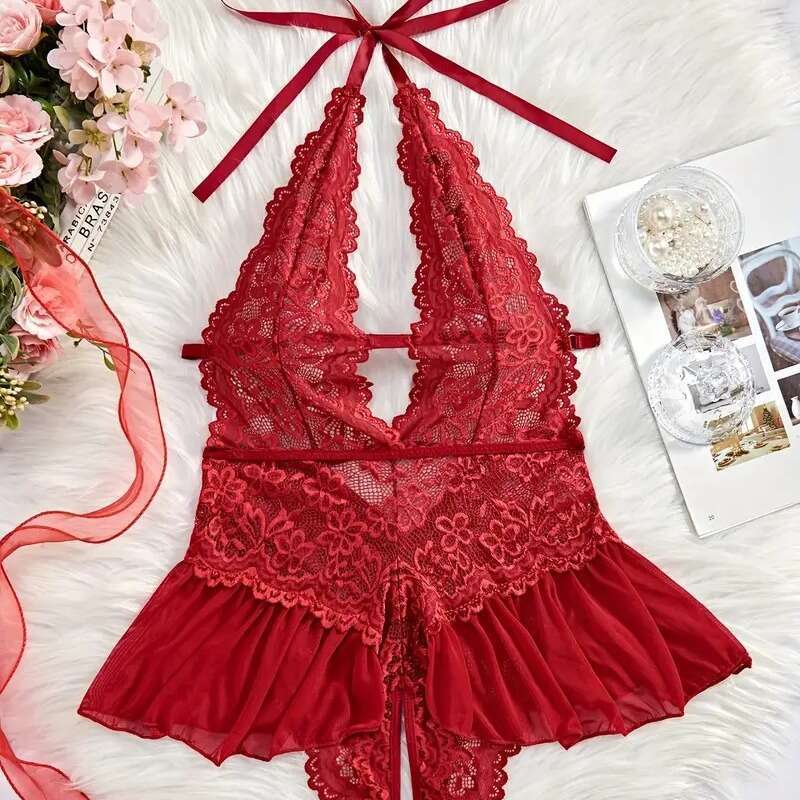 Patent Leather Sexy Lingerie New Women S Large Size Underwear Transparent Lace Sexy Temptation Passionate Open Crotch No Detachment KQ