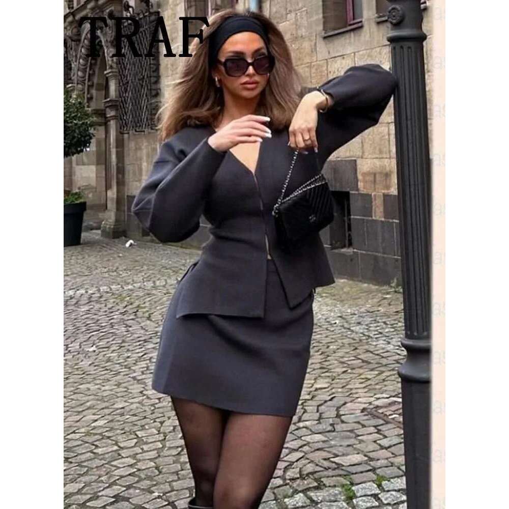Mini Skirt Sets For 2 Pieces Knit Coat Suits New Two Piece Set Women Outfit Streetwear Clothing