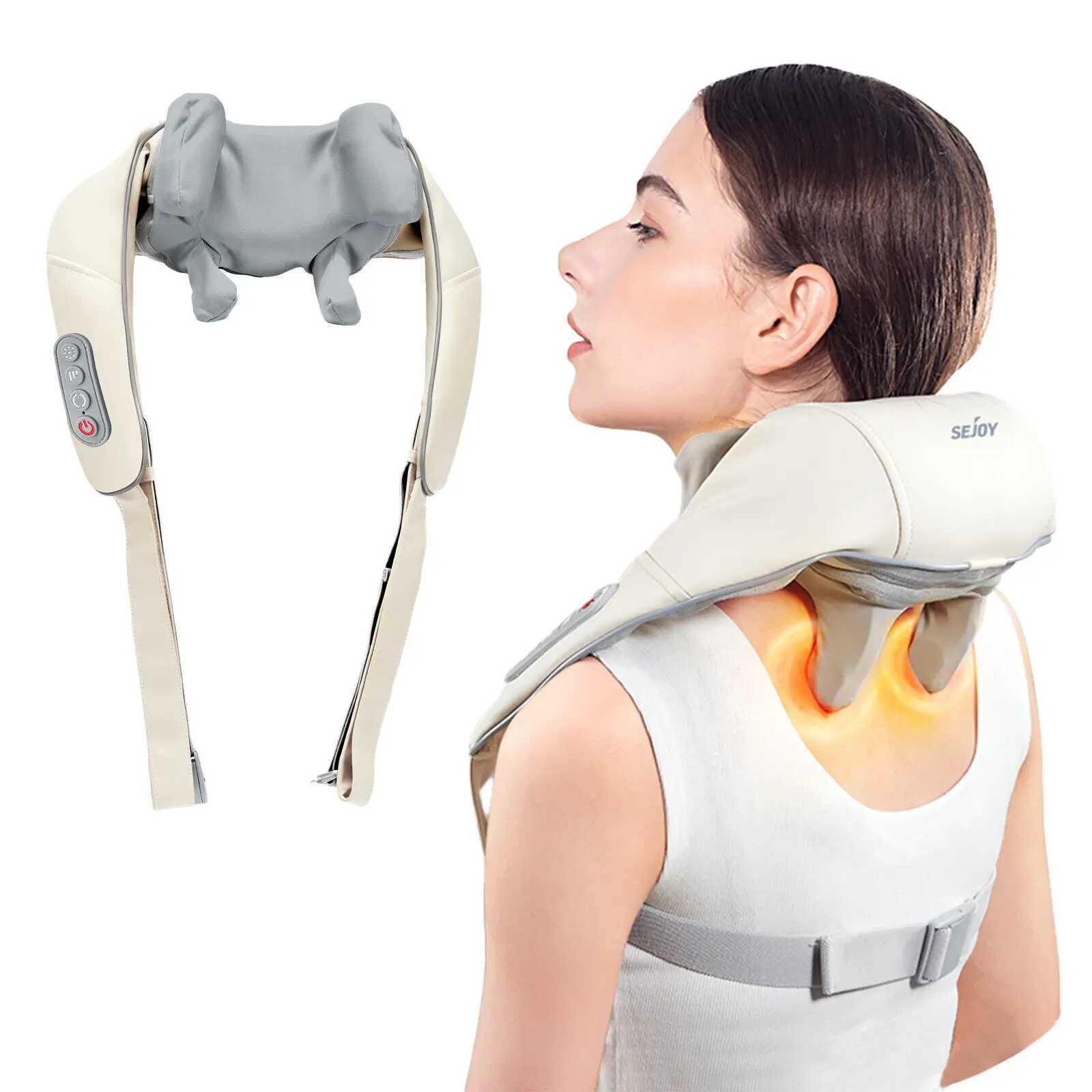 Sejoy Rechargeable Neck Massager with Heat Air Compression Wireless Circulation Massage Electric Shiatsu Neck Shoulder MassagerW250512