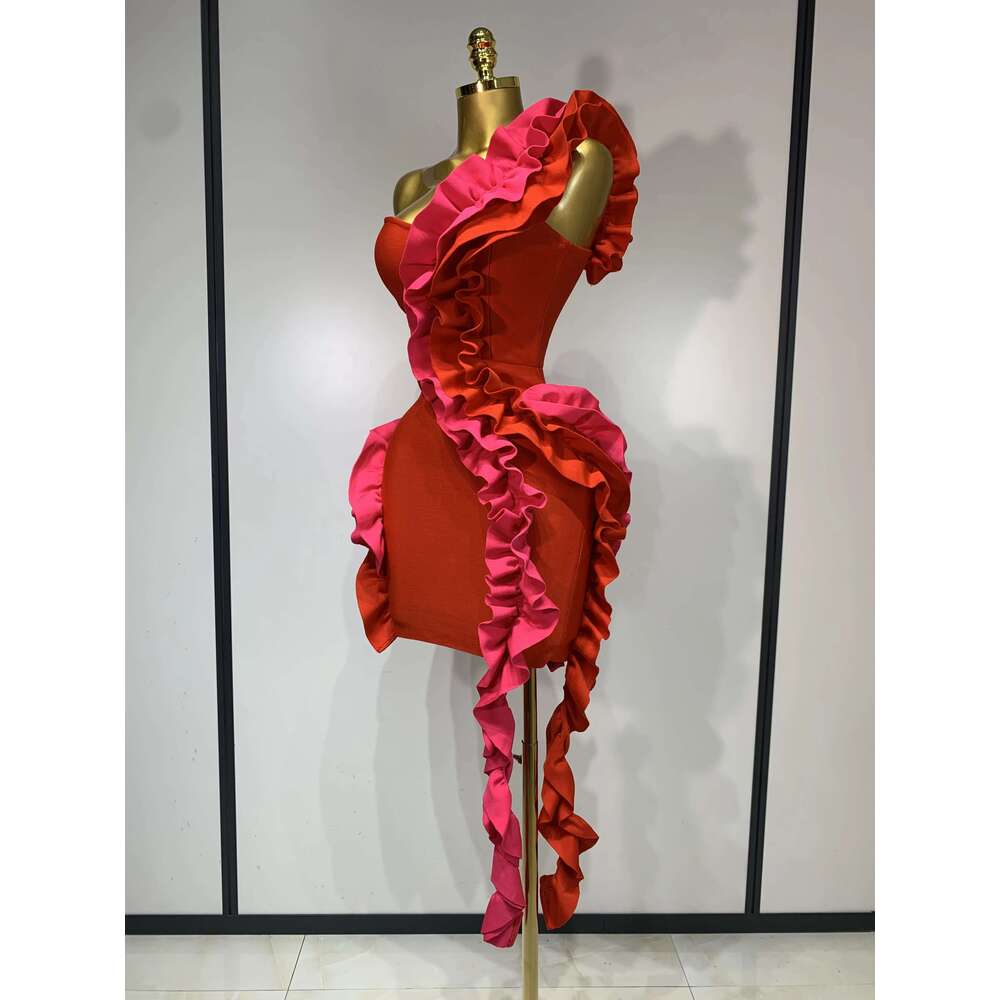 Women Sexy One Shoulder Red Ruffles Bodycon Bandage Dress 2025 Celebrity Elegant Evening Birthday Party Club Dresses