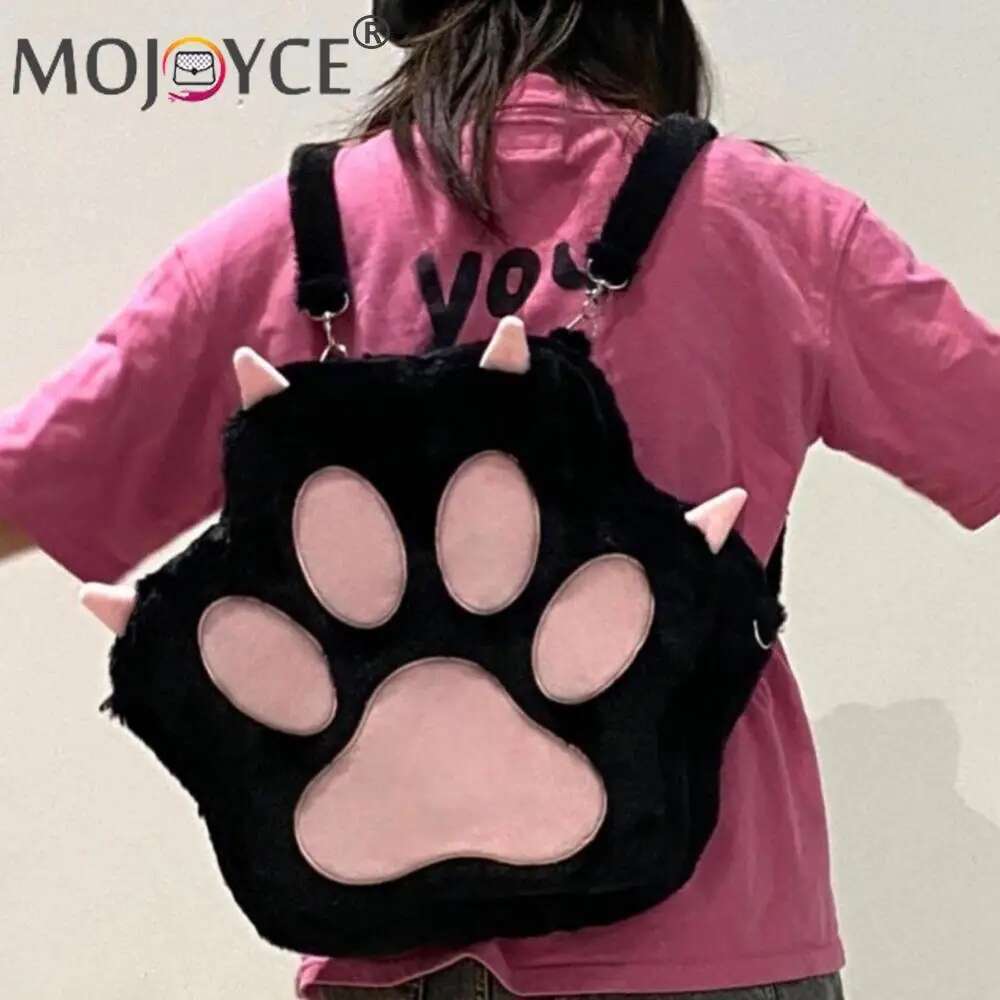 Cute Cat Paw Plush With Adjustable Straps Soft Furry Purse JK Bag Cartoon Backpack For Women Girls