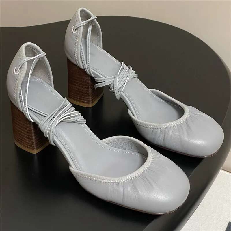 Womens Spring Autumn Fashion Leather Pump Shoes Designer Ankle Strappy Sandal Elegant Mid Block Heel Flat Closed Round Toe