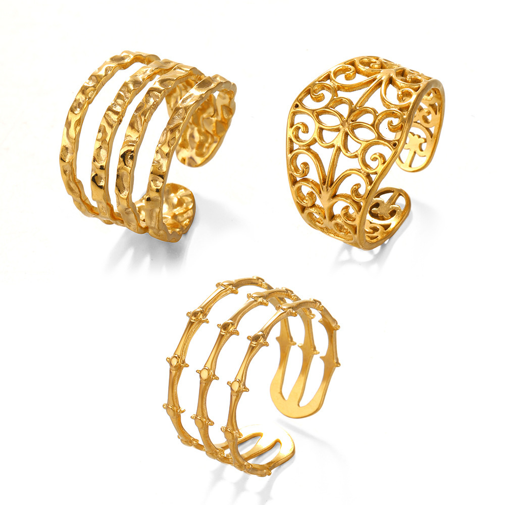 Style Stainless Line for Women's Fashion Versatile Gold Plated Hammer Pattern Titanium Steel Ring