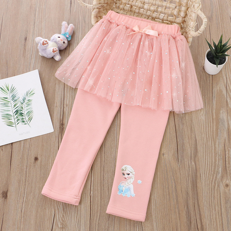 DISNEY Frozen Elsa princess kids designer clothes girl short dress and trousers pseudo two piece comfortable and soft.
