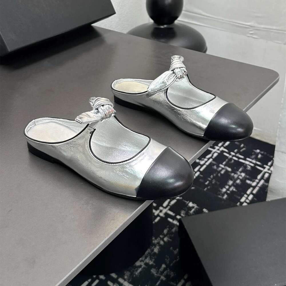 Women Size35-41 Genuine Leather Mules Low Heels Butterfly Knot Slippers Round Toe Slide Designer Shoes Zapatillas De Mujer