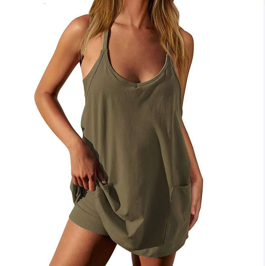 DHEssentials Summer women's sleeveless hot oversized one-piece pocket split/built-in shorts mini dress