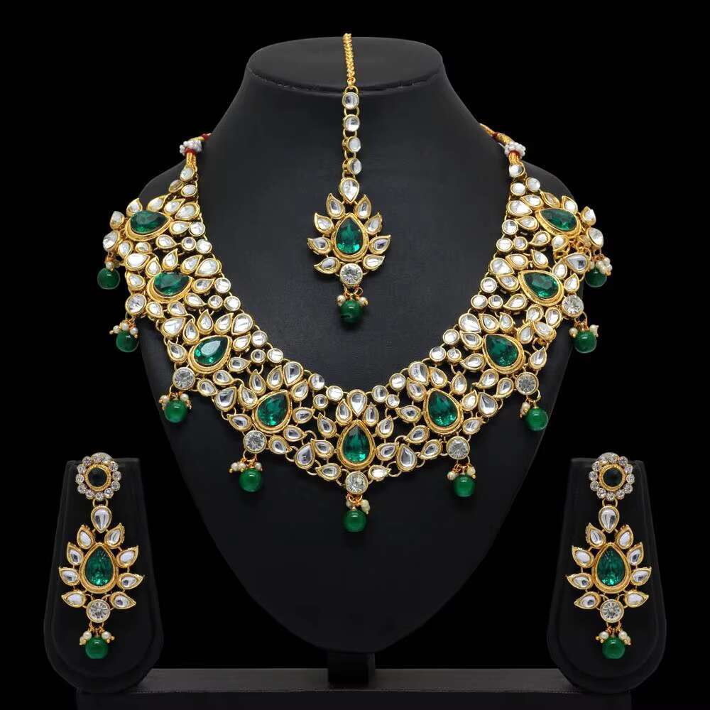 Traditional Kundan earrings necklace&Maang Tikka white imitation pearl women's alloy jewelry set wedding party gift