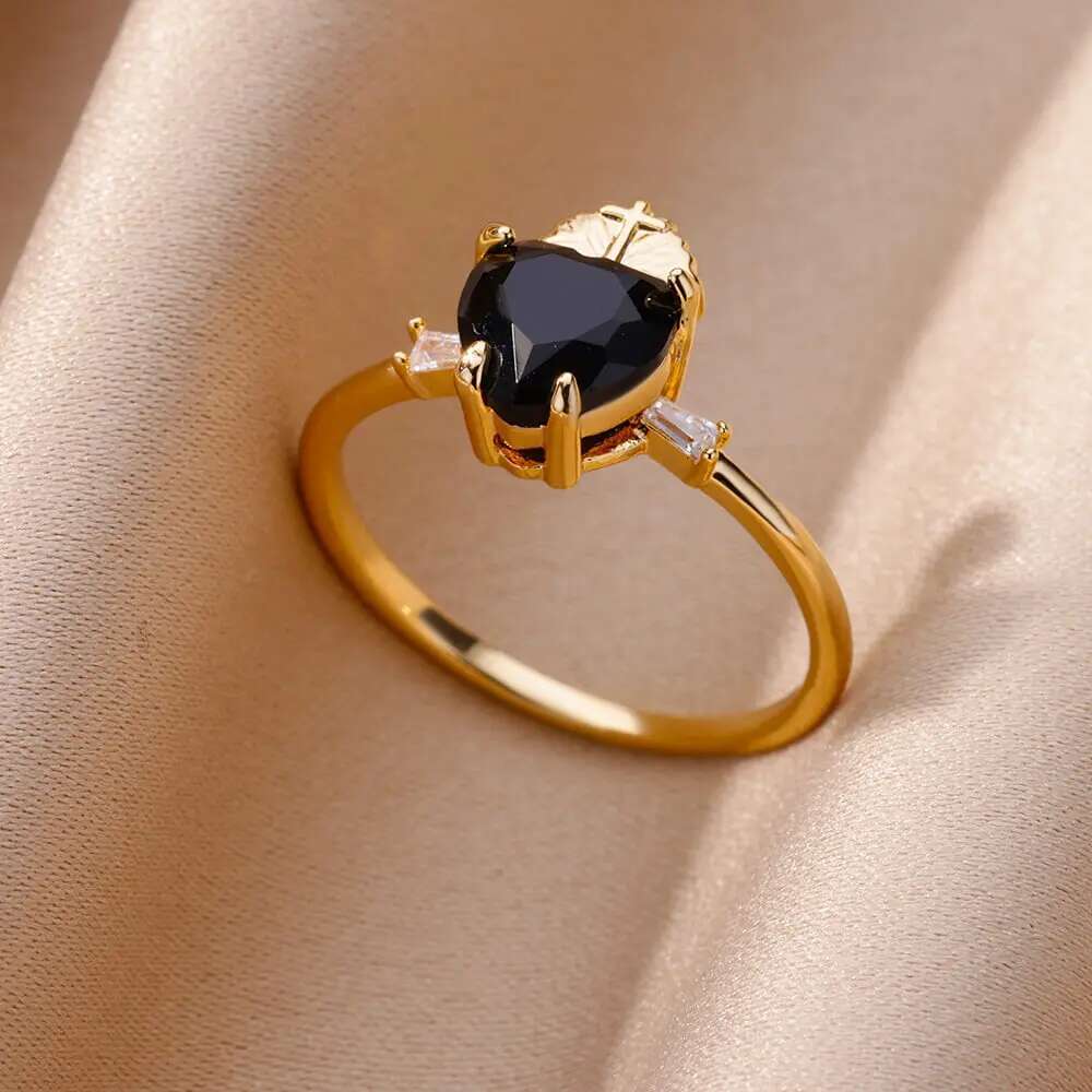 Gold Color Stainless Steel For Women Colorful Cubic Zircon Heart Opening Adjustable Ring Fashion Jewelry Wedding Gift