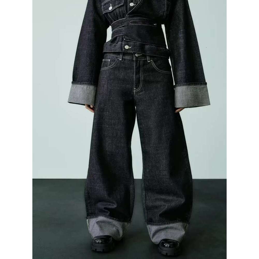 TRAF Women's New Slim High-Waisted Trailing Trousers Rolled Leg Loose Fashion Casual Wide-Leg Jeans