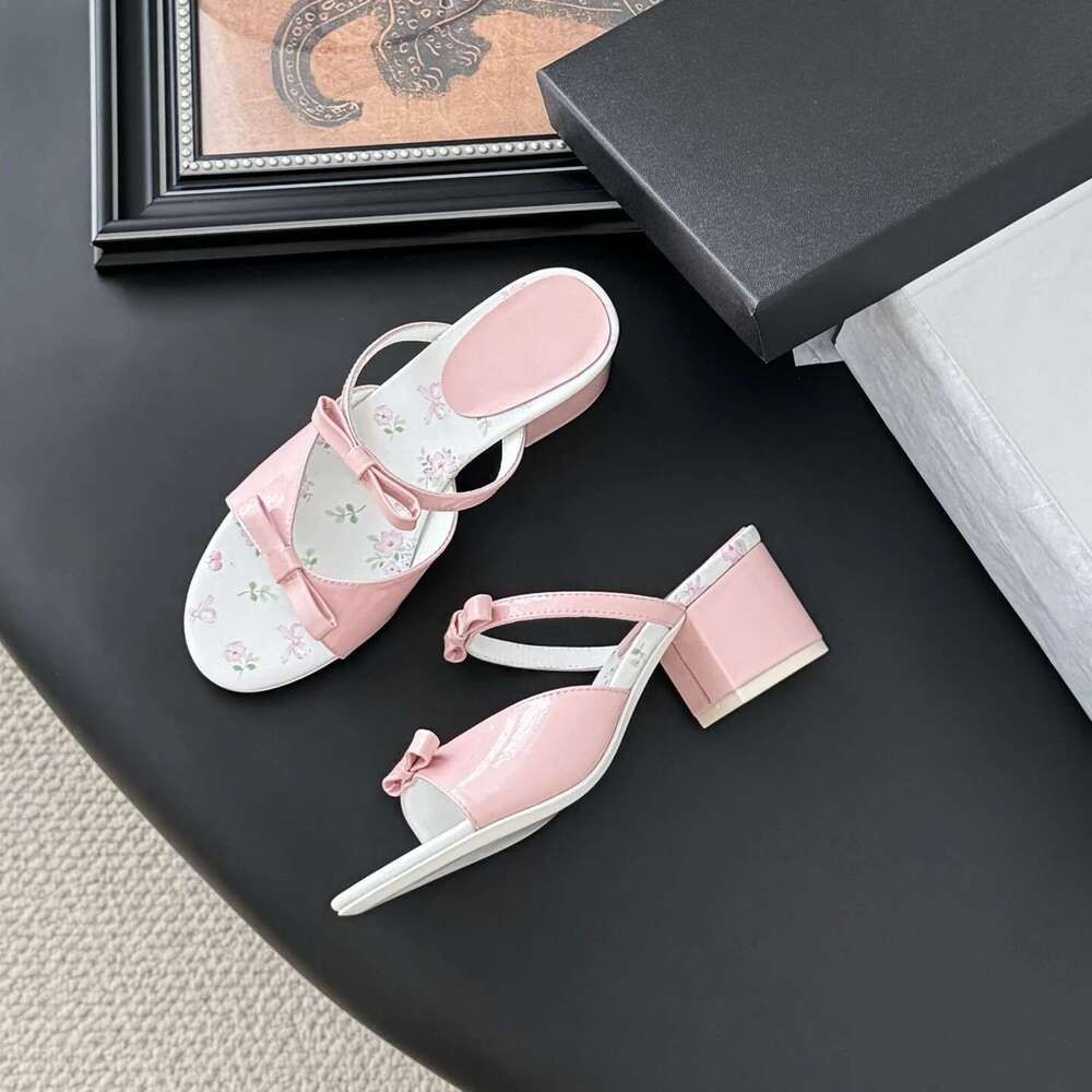 Women Size35-41 Genuine Leather Slippers Med Heels Butterfly Knot Summer Slides Prints Designer Shoes Zapatillas De Mujer