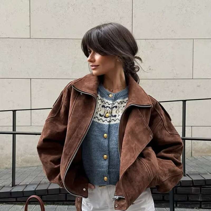 Chic Brown Faux Suede Cropped Casual Coat Vintage Lapel Solid Zipper Short Jacket 2025 Autumn Woman New Padded Shoulder Jackets