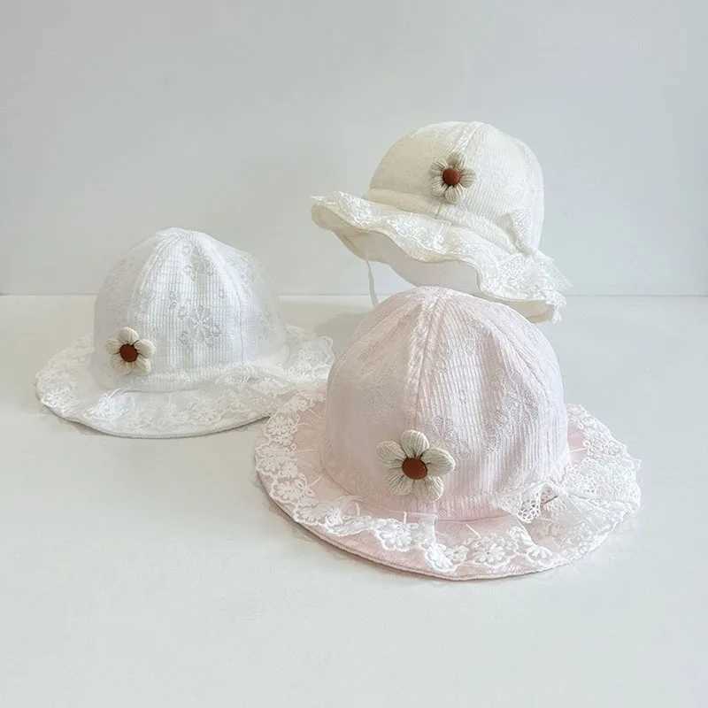 Princess Girl Lace Basin Hat Soft Cotton Baby Sunshade Fisherman Hats 3-8Month Newborn Sunscreen Bucket Cap Sweet Flower Visors R250512