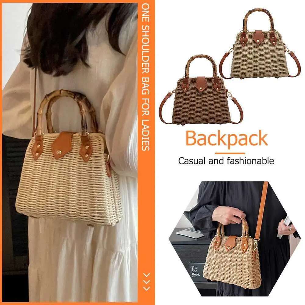 Summer Weaving Underarm Bamboo Handle Shopping Tote Bag Handmade Casual Simple Portable Adjustable Strap for Seaside Holiday
