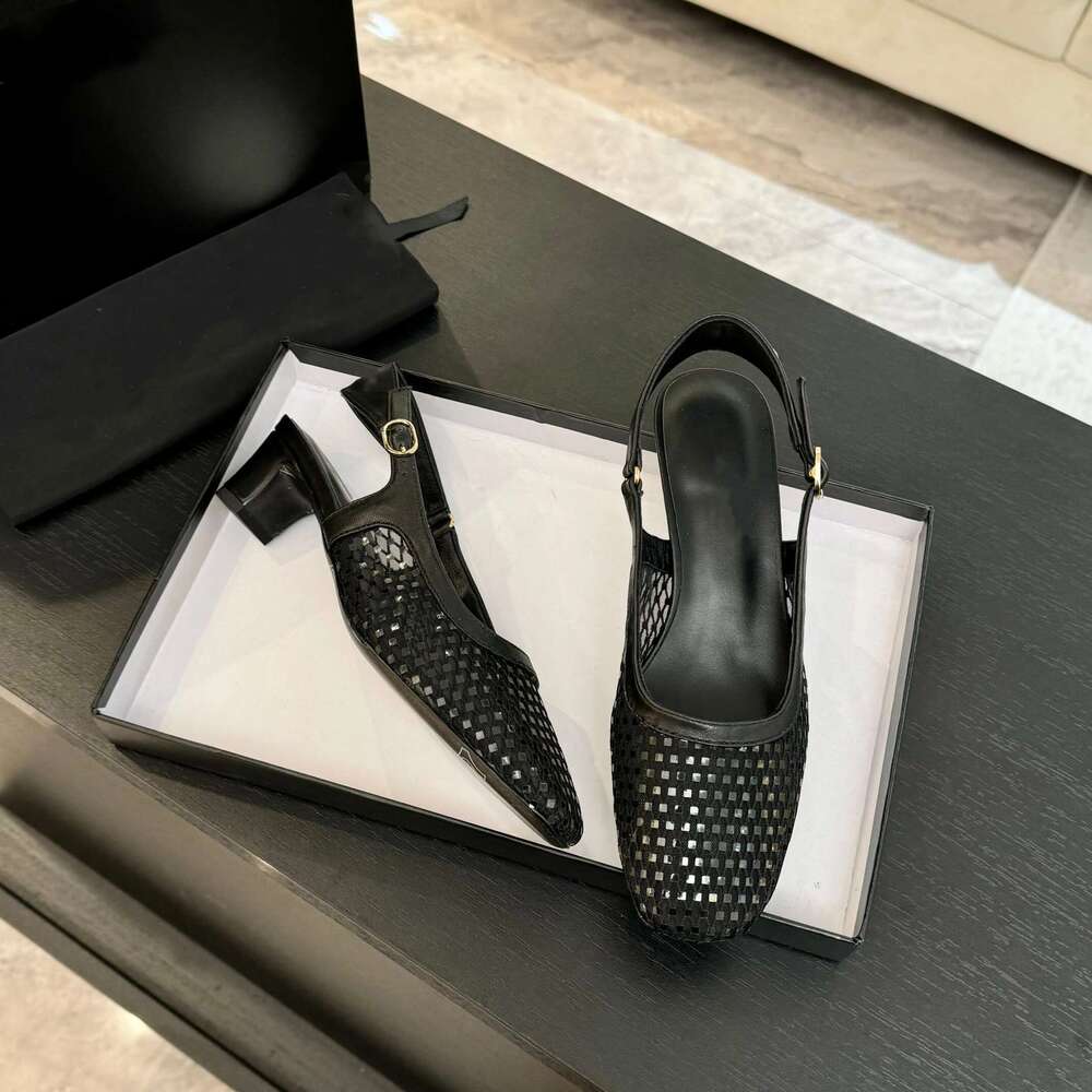 Women Size35-41 Genuine Leather Pumps Slingbacks High Heels Mesh Sandals Square Toes Designer Shoes Zapatillas De Mujer
