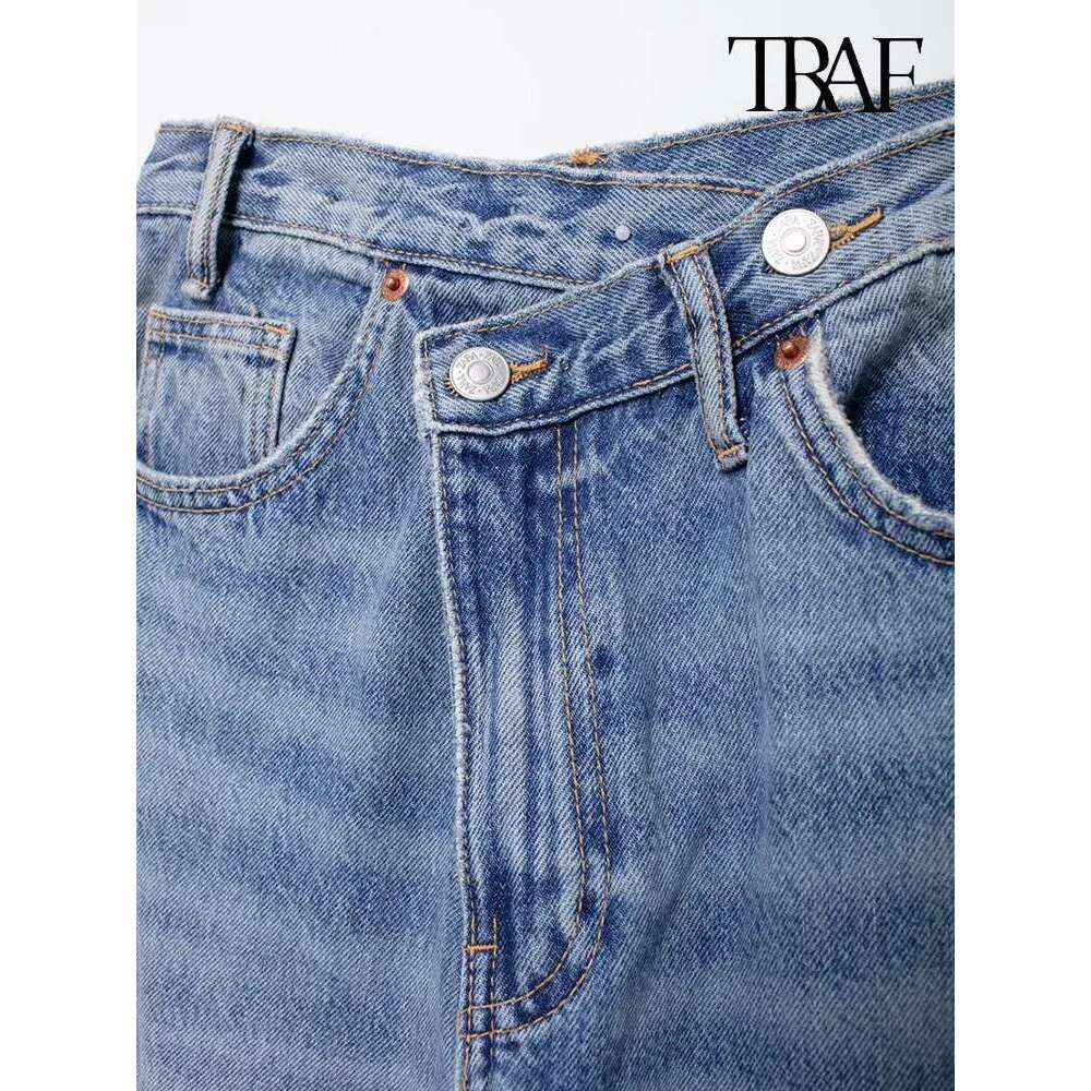 TRAF Women's Asymmetric Design High-Waisted Wide-Legged Jeans New Basic Models Versatile Fashion Straight Trousers