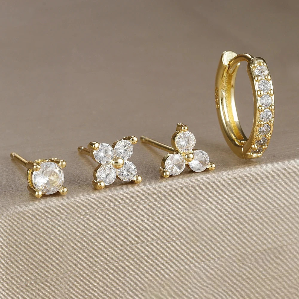 4PCS Gold Plated Flower Round Piercing Earrings Set For Women Stainless Steel Zircon Punk Stud Earring Trendy Jewelry aretes 250512