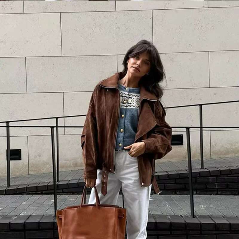 Chic Brown Faux Suede Cropped Casual Coat Vintage Lapel Solid Zipper Short Jacket 2025 Autumn Woman New Padded Shoulder Jackets