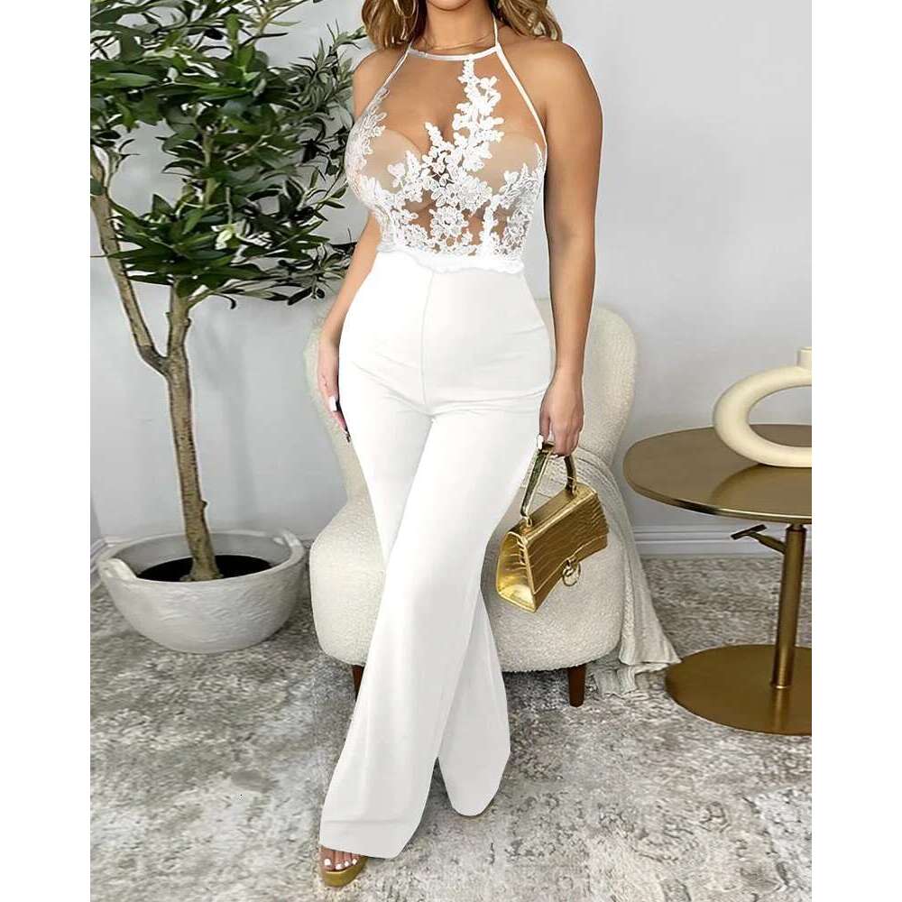 Summer Sexy Lace Spaghetti Strap Sheer Mesh Jumpsuit Women