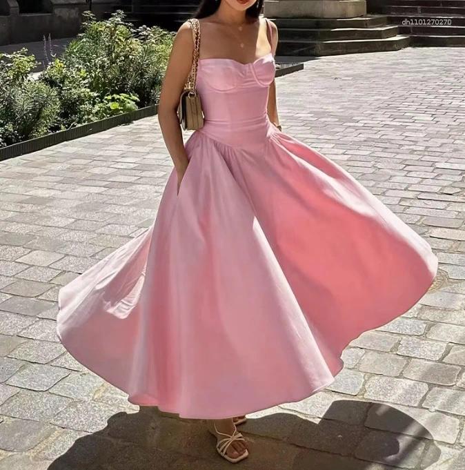 Casual Dresses Women's Dress 2025 Spring Summer Latest Solid Color French Elegant Retro Style Dopamine Dressing Strap Maxi Long Skirt
