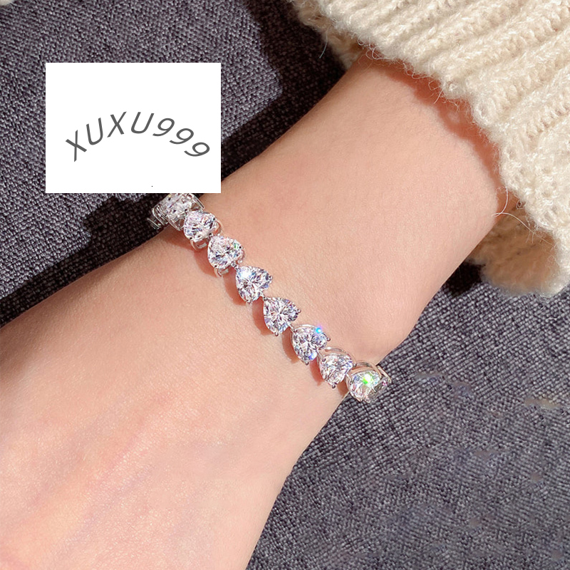 Classic Heart Moissanite Link Chain Bangle D VVS White Moissanite Tennis Bracelet 925 Sterling Silver