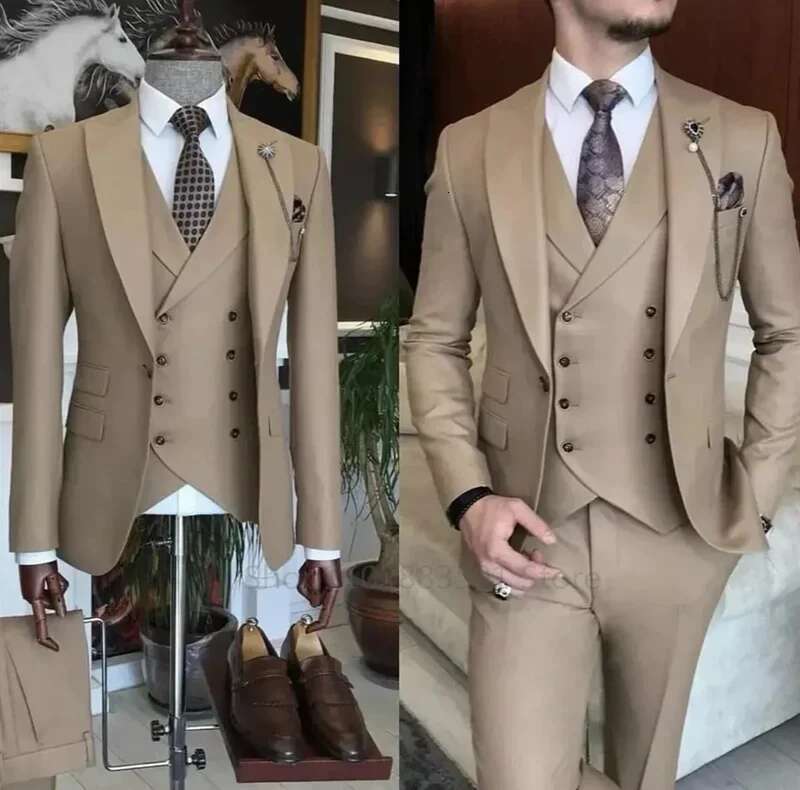 3 Pieces New Business Khaki Formal Men's Slim Fit Suits Wedding Groom Prom Terno Masculino Custom Blazer Jacket Vest Pant Sets