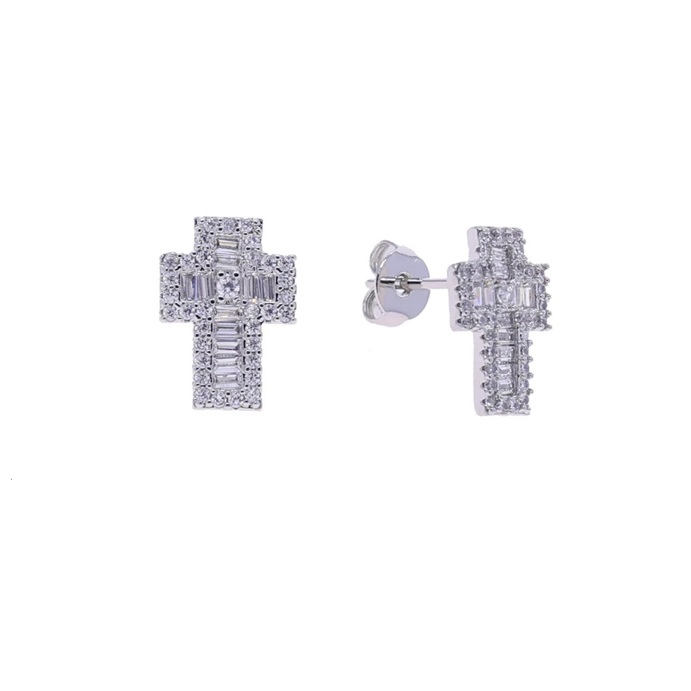 Punk Cross Stud Earring for Men Iced Out Zirconia Hip Hop Gold Color Womens Men Fashion Jewelry 250512