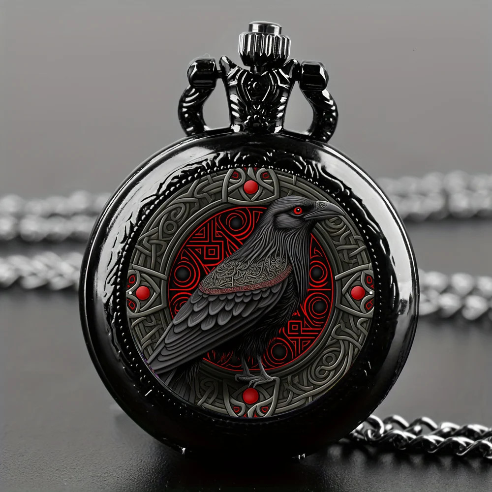 Vintage-Style Clever Crow Exquisite Pocket Watch - Quartz Movement Round Dial Unique Black Necklace Souvenir Gift For Children 250512