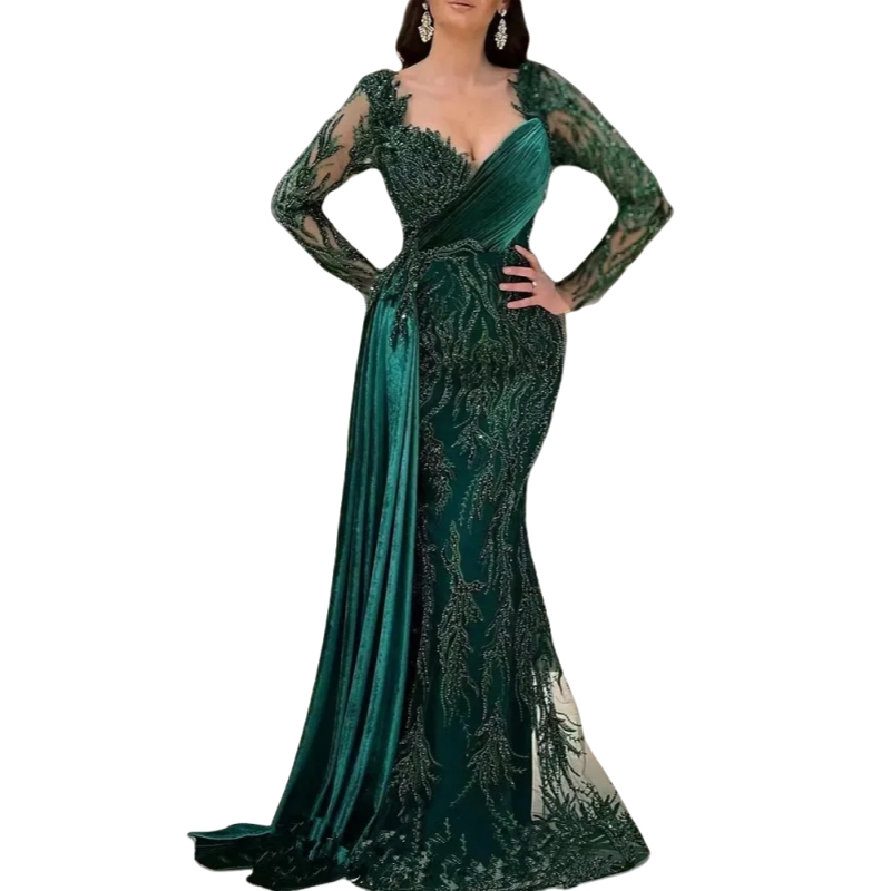 Elegant Arabic Dark Green Lace Prom Dresses Sequins Pleats Long Evening Dress Full Sleeves Reception Gown 2025 Formal Events