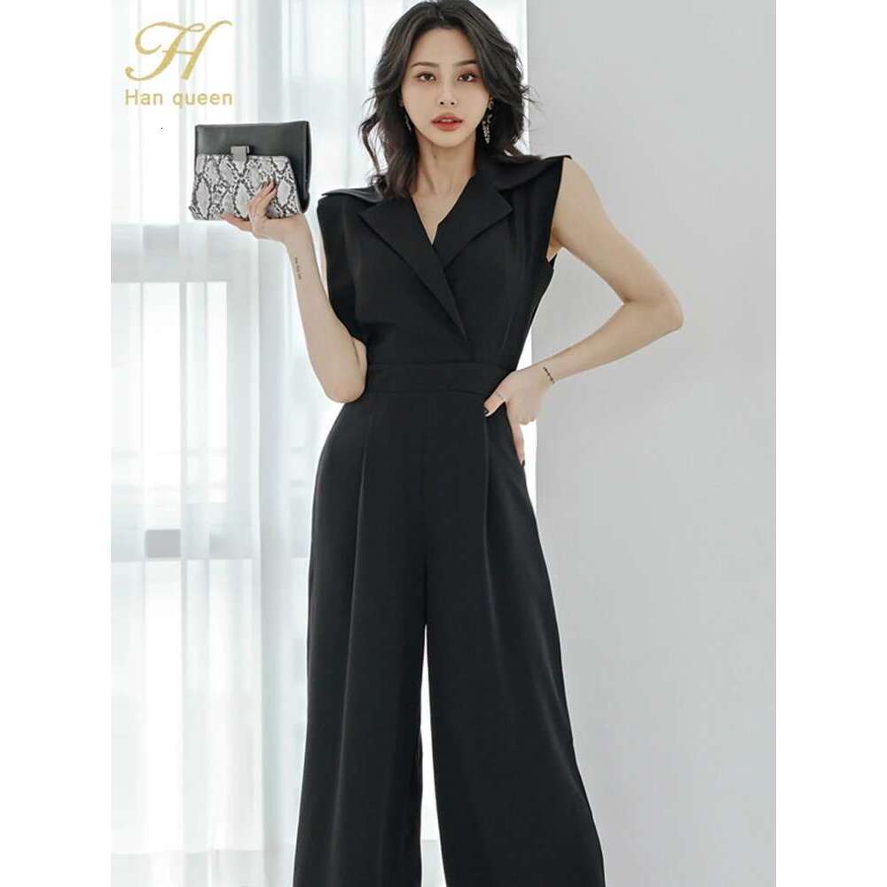 H Han Queen New Korean Sleeveless Elegant Summerr Business Jumpsuits Women Wide Leg Long Playsuits Casual Office Rompers