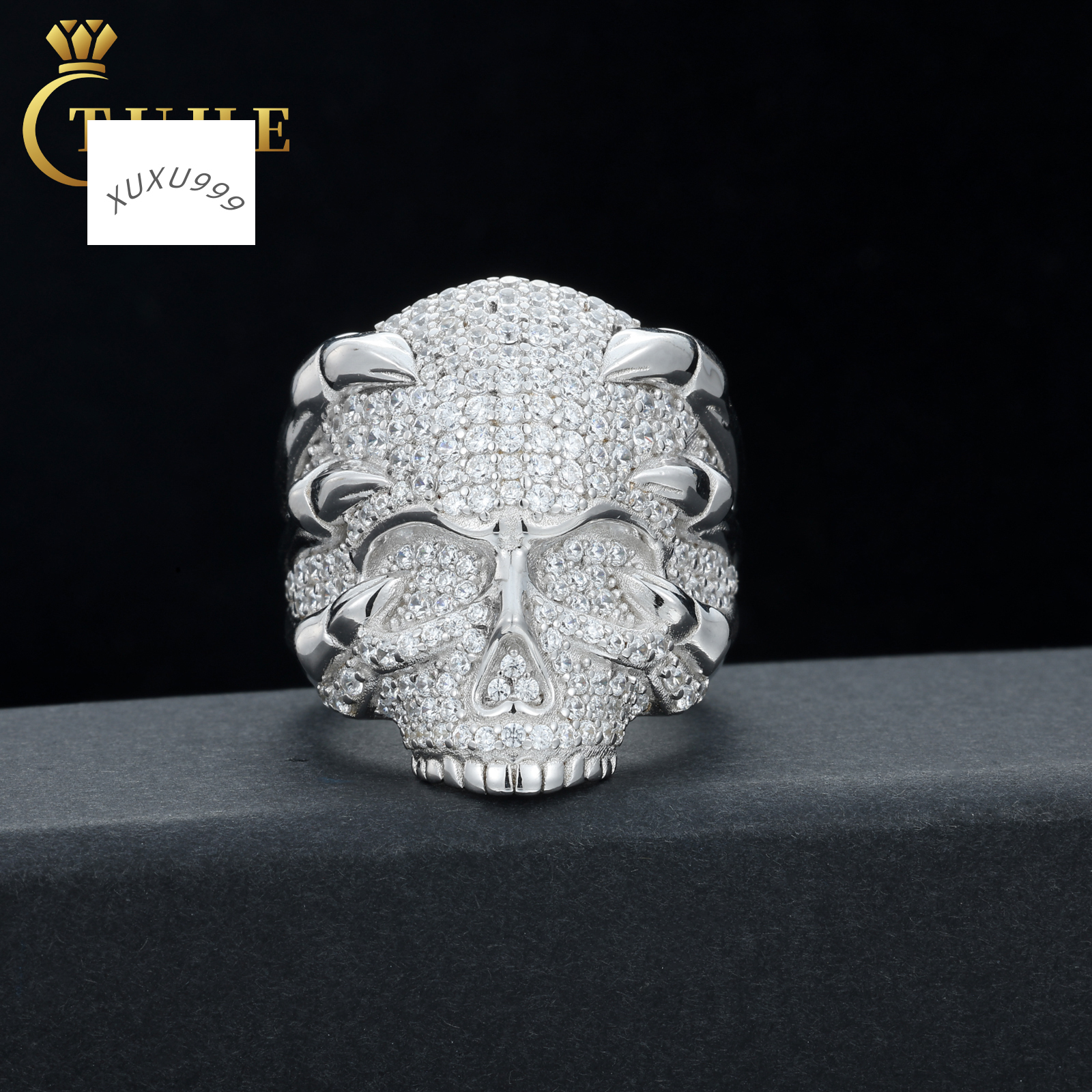 Personality Party Jewelry White Gold 925 Sterling Silver Micro Paved VVS Moissanite Diamond Mens Skeleton Head Ring