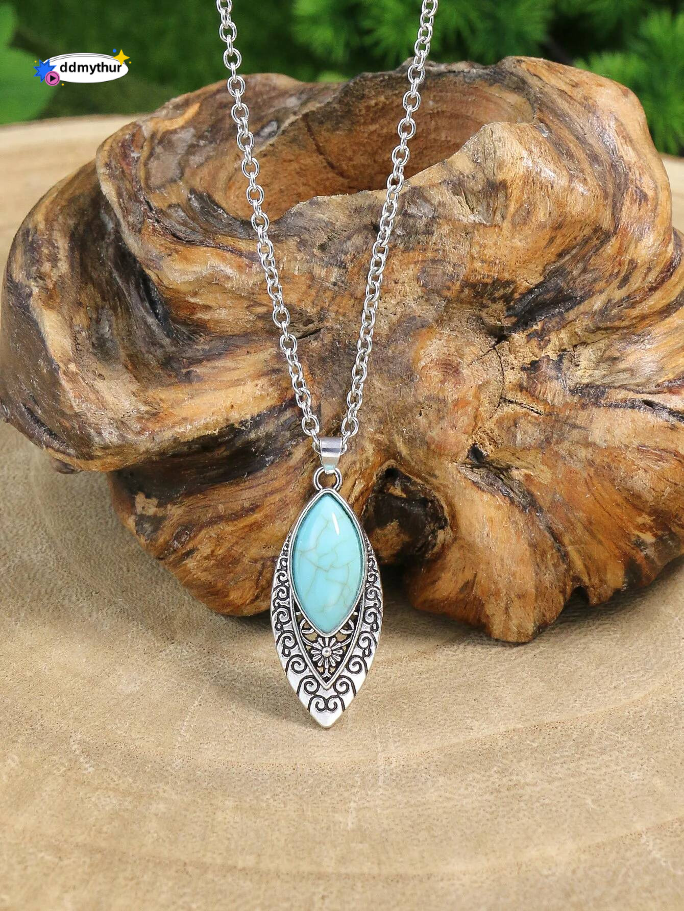 Ethnic Boho Turquoises Necklace Earring for Women Vintage Sier Plated Carved Flower Dangle Earrings Indian Jewelry Gift ddmythur