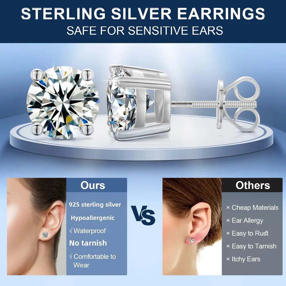 ICEOUTBOX 925 Sterling Silver 0.1-4CT Test Passed Diamond Studs Earrings for Women Wedding Fine Jewelry Gifts 250512