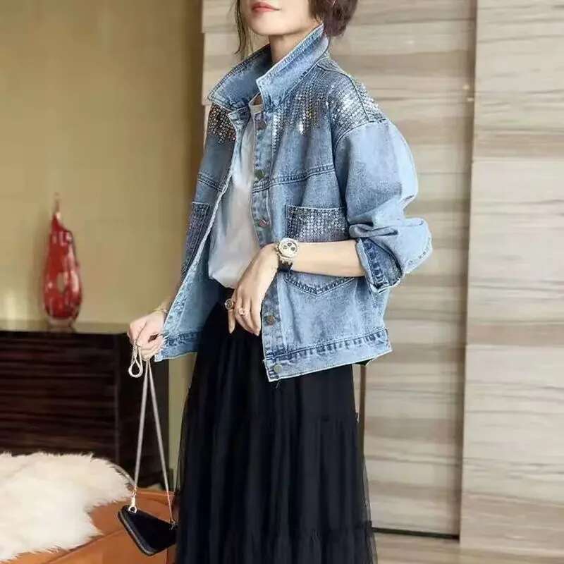 Denim Female Ins Short Early Coat Sequins Loose Korean Version of Joker Autumn New Style