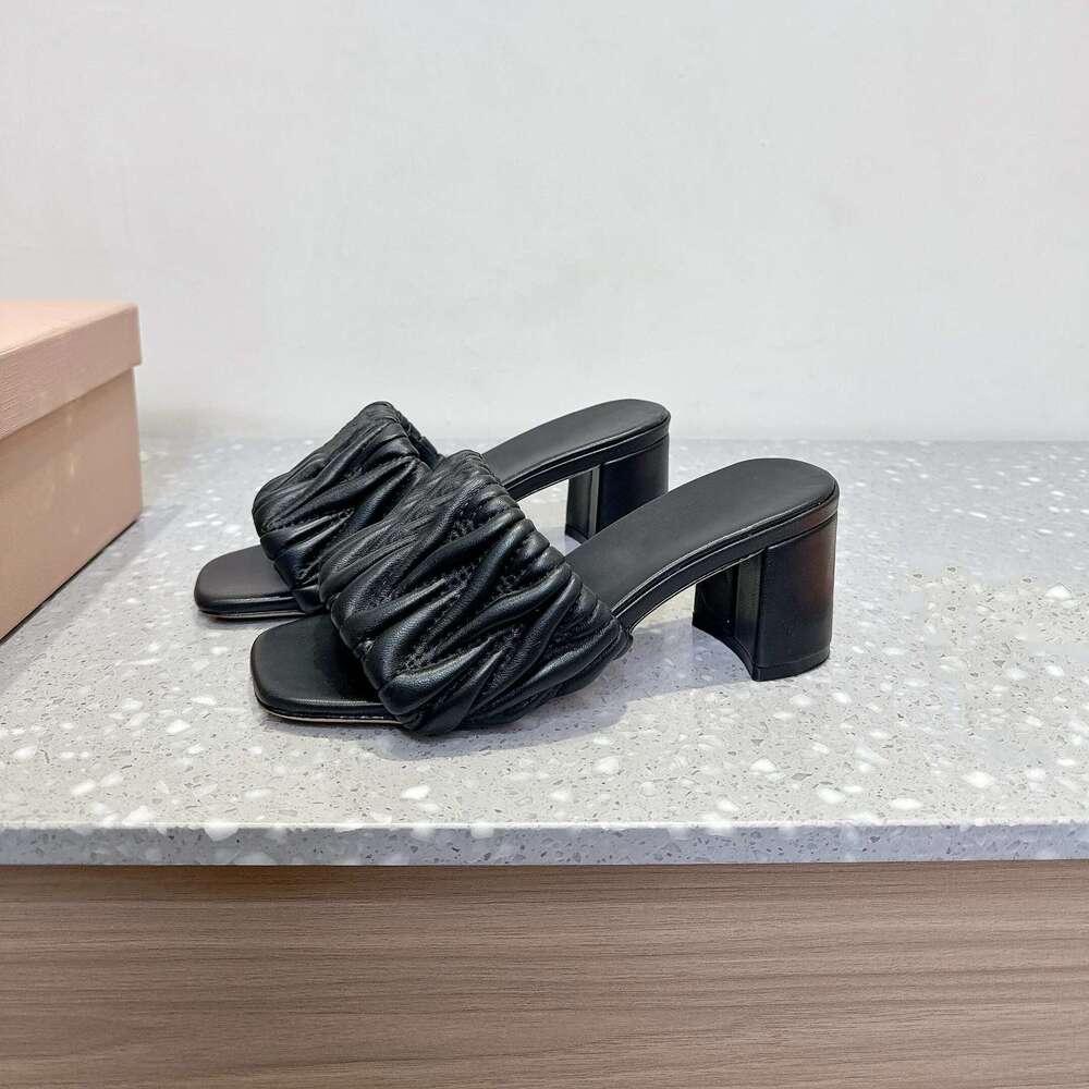 Women Size35-41 Genuine Leather Slippers High Heels Pleated Sewing Pumps Summer Slides Designer Shoes Zapatillas De Mujer