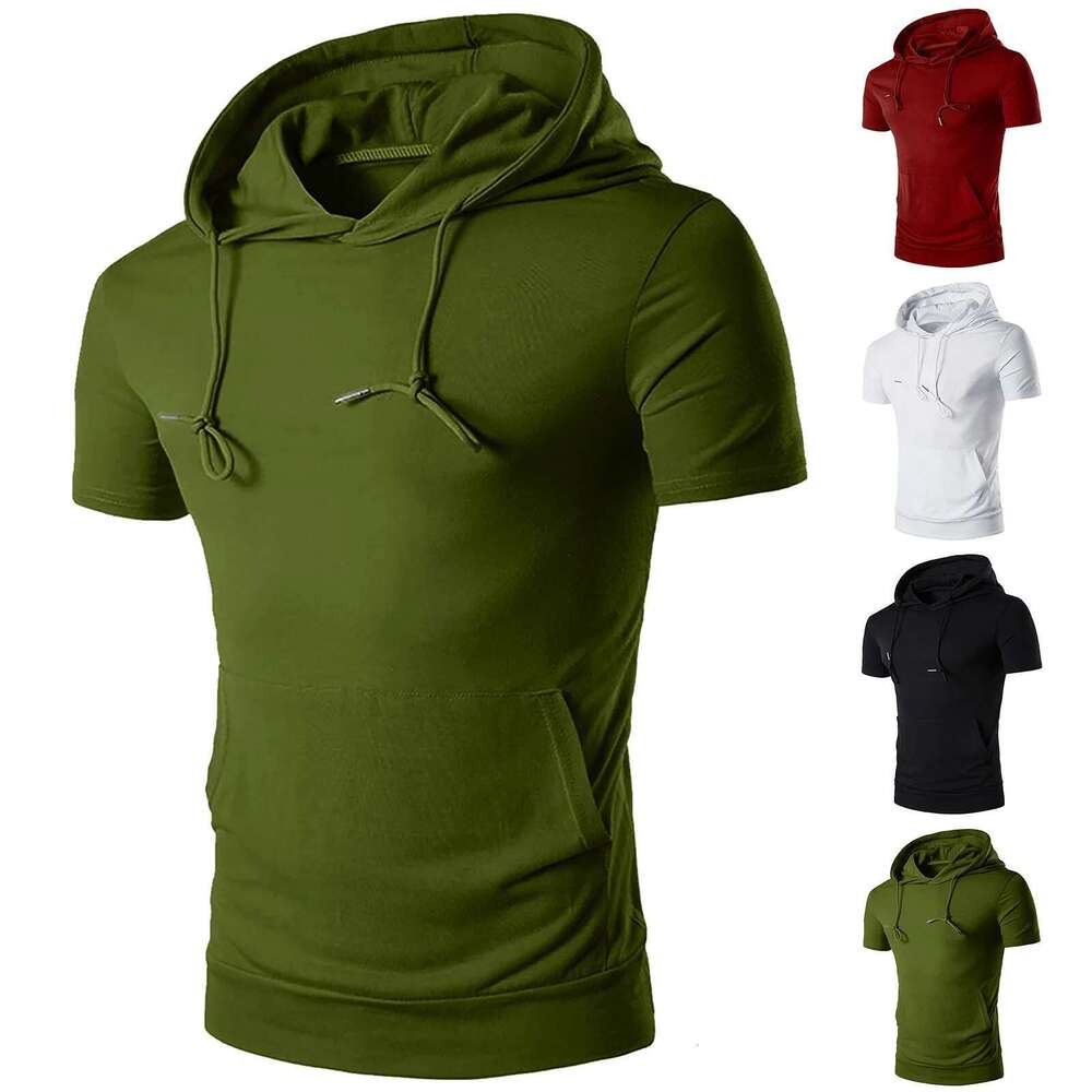 Men's Sport Casual Short Sleeved Hooded Vest Gym Fiess Running Workout Sweatshirt Bodybuilding Clothing Sportswear Pullover Designer