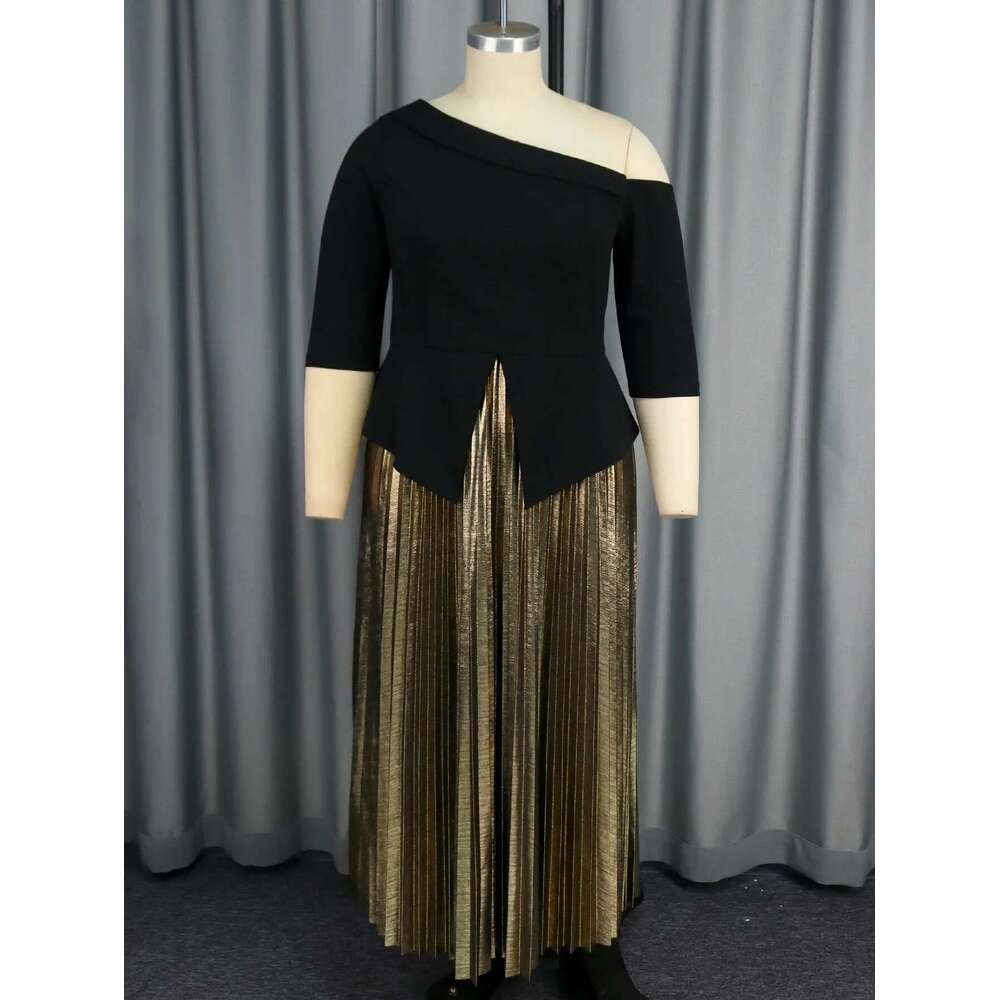 Women Black Top And Gold Long Pleated Skirt Sets Off Shoulder Split Shirt High Waist A-Line Skirts Two Pieces Set Plus Size 4XL