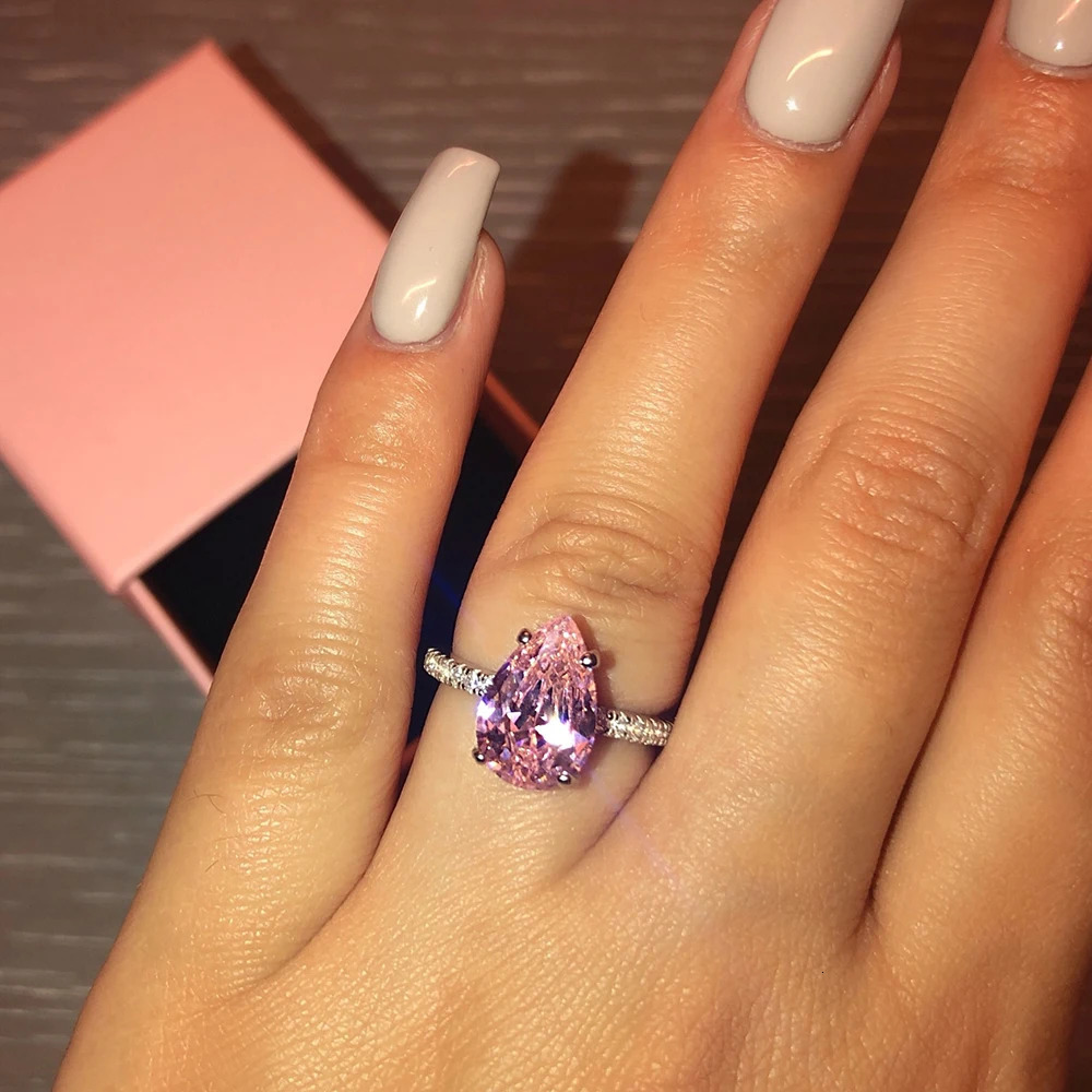 Silver Color Cute Pink Pear Cut Zircon The Engagement Rings for Women Wedding Anel Aneis Party Personalized R6929 250509