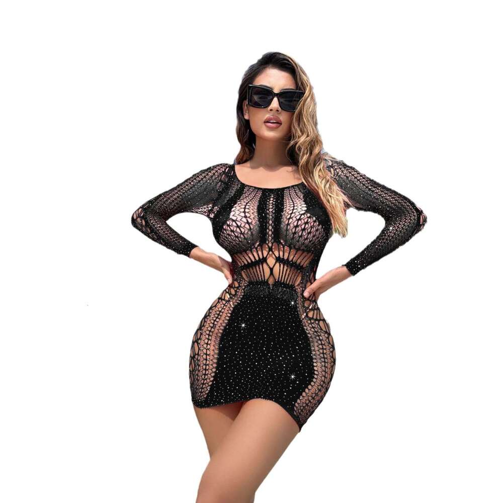 Patent Leather Sexy Lingerie W One Piece Sexy Lingerie Seductive Hollow Mesh Suit With No Take Off And Diamond Wrapped Buttocks Skirt KQ