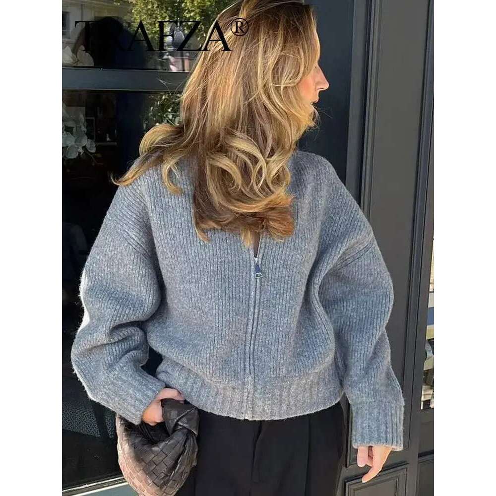 TRAFZA Women Vintage Solid Color Coat Long Sleeve Round Neck Jacket 2024 Spring Female Casual Zipper Sweater Coats