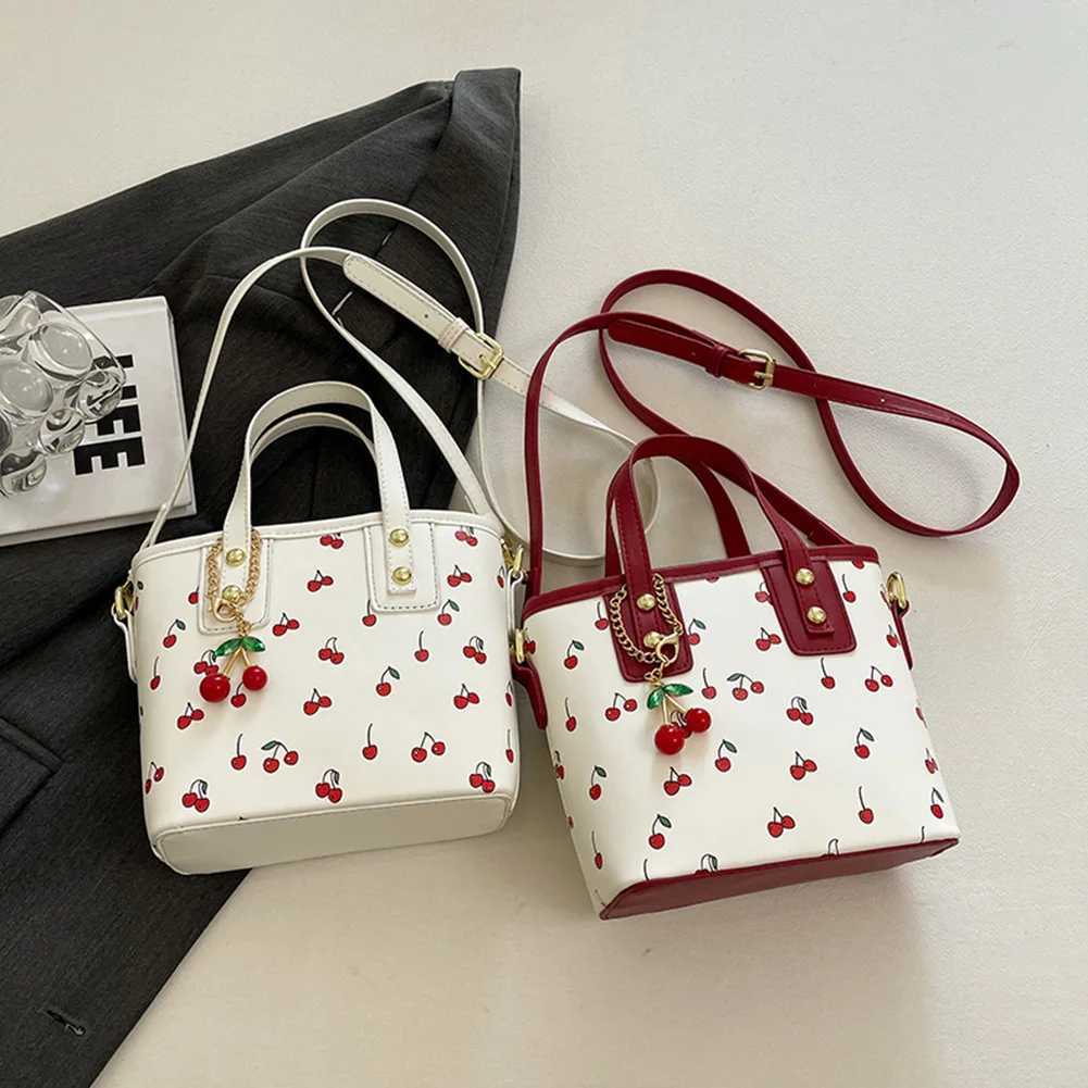 Women PU Cherry Shoulder Bag Large Capacity Trendy Commuting Bag with Cherry Pendant Stylish Crossbody Bag Aesthetic HandbagW250512