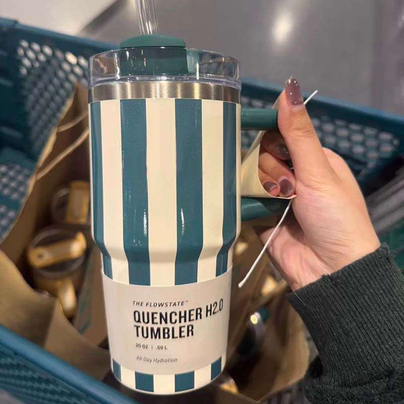 Striped 20Oz Handle Car 304 Stainless Steel Vacuum Insulated Large Capacity Outdoor Portable Straw Cup B5