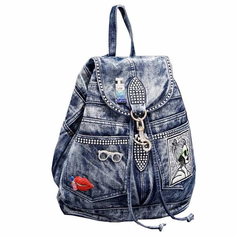 New in Fashion Denim Women Casual Backpack Large Capacity Jeans Shoulder Bag with Diamond Dec Female Backpacks Z250512