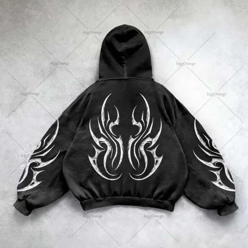 Y2k Haruku Retro Personalized Print Fashion Loose Zipper Hoodie Men American Classic Casual All-Match Sweatshirt Women Designer