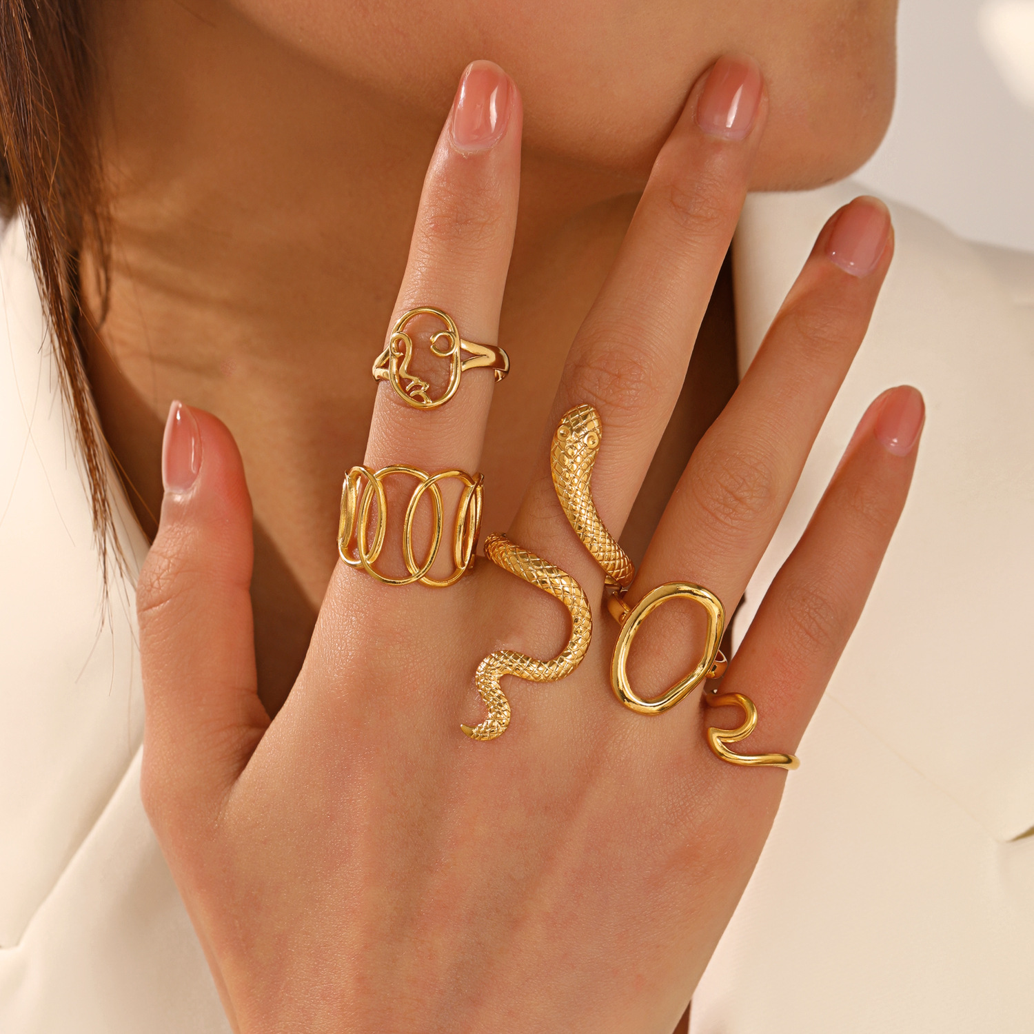 Fashionable Stainless Geometric Elliptical French Ethnic Style Adjustable Titanium Steel Ring for Women