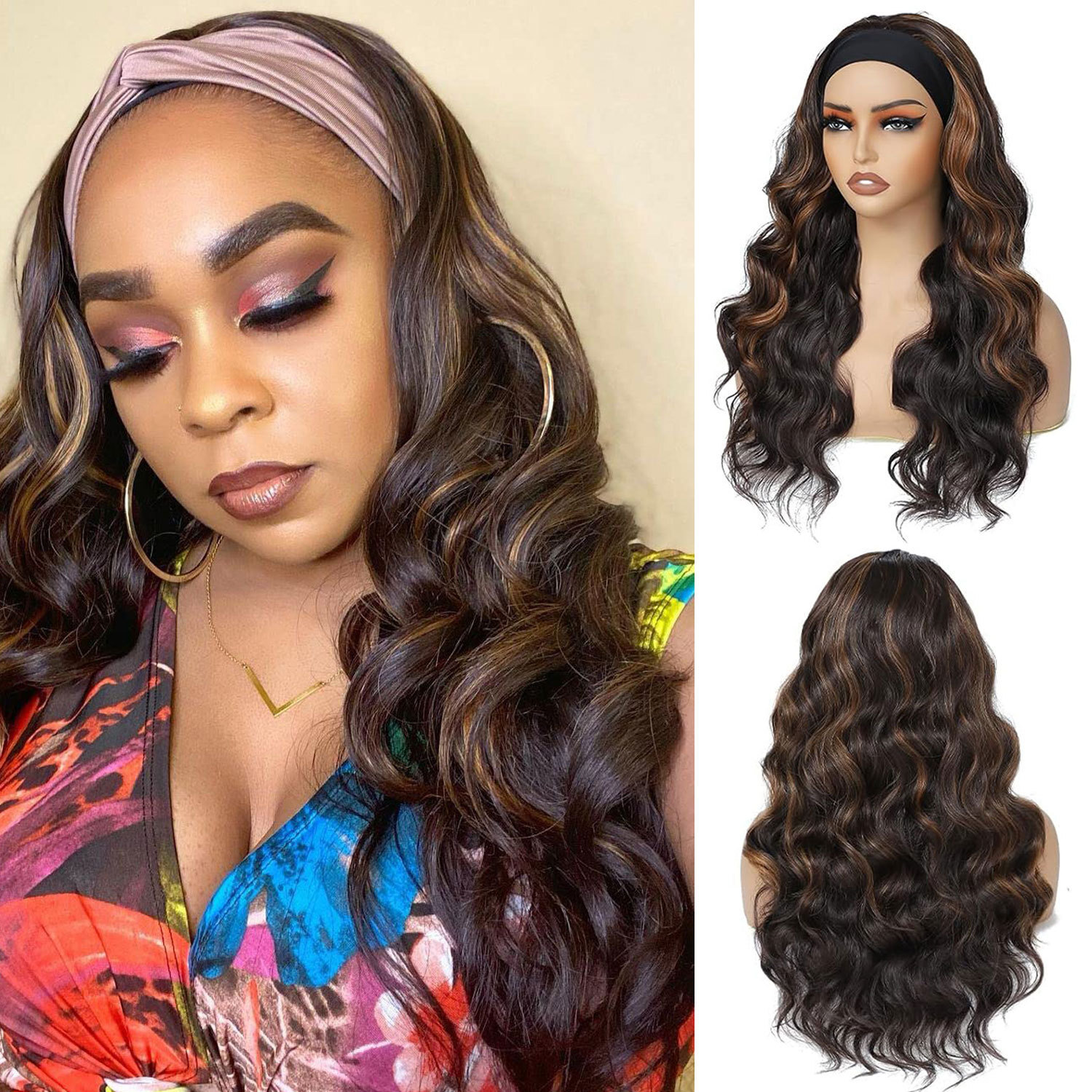 silk Ice headband wig fluffy big wavy long curly hair synthetic wig headband wig