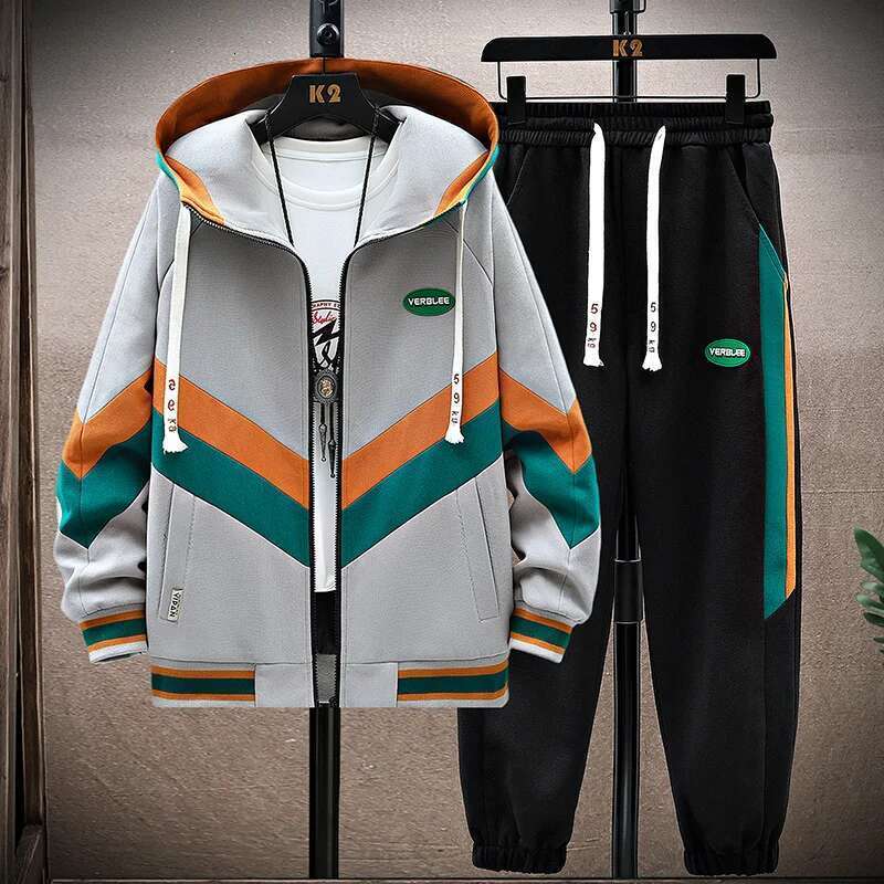 Spring Autumn Men's Sets Korean Fashion Joggers Suit Casual Patchwork Streetwear Hooded Tracksuit Men Two Piece Set Designer