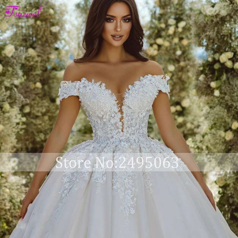 Fsuzwel Exquisite Appliques Court Train Ball Wedding Dress Sexy Off Shoulder Beading Princess Bridal Gown Customized