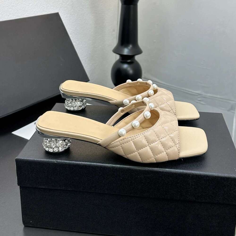 Women Size34-41 Genuine Leather Slippers Med Heels Crystal Sewing Pearl Summer Slides Designer Shoes Zapatillas De Mujer